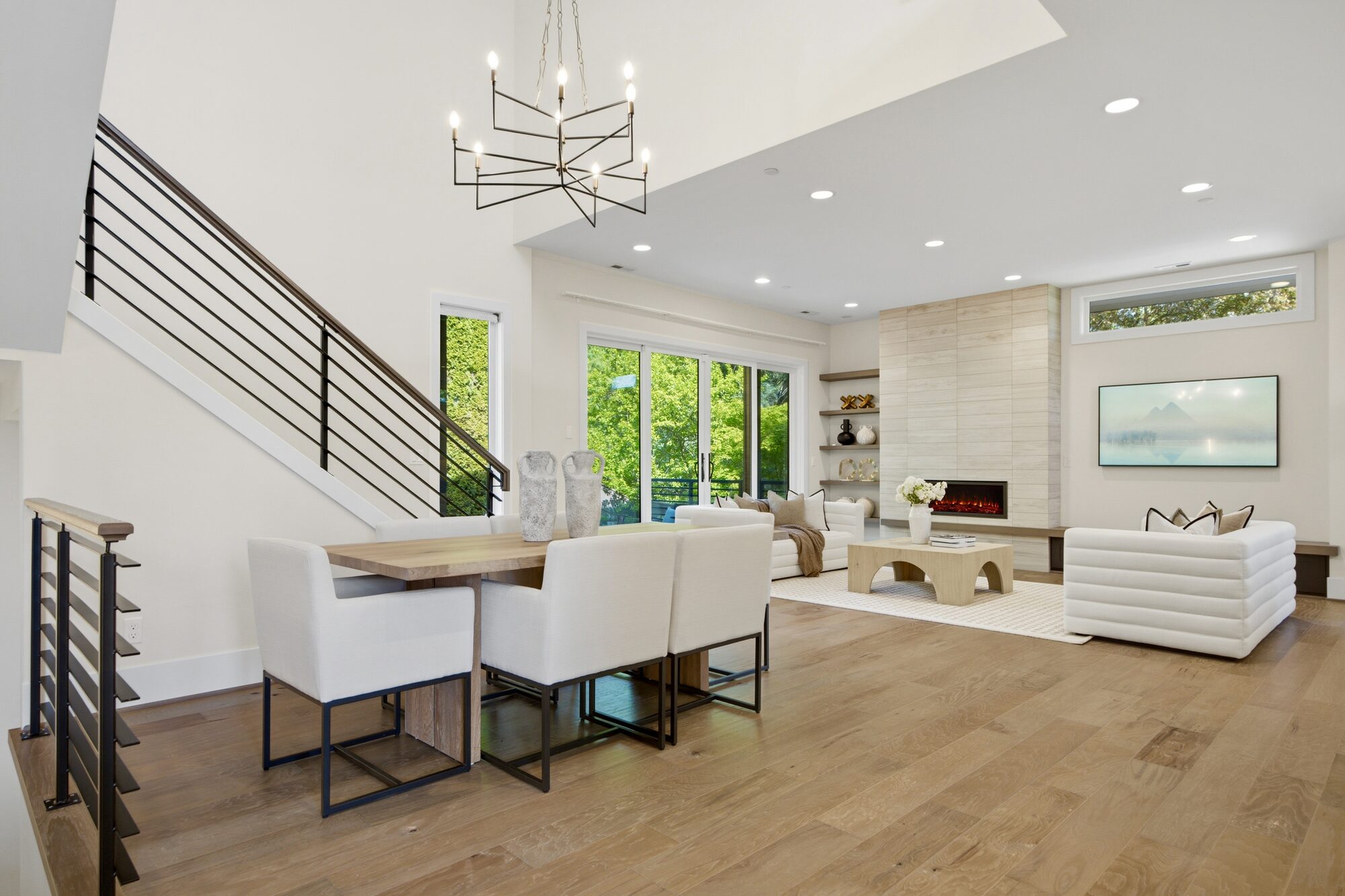 Two-story great room with sculptural staircase